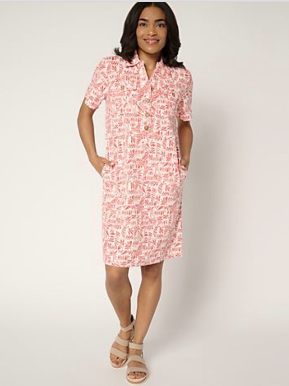 Denim&Co Pink Printed Shirt Dress with Short Sleeves